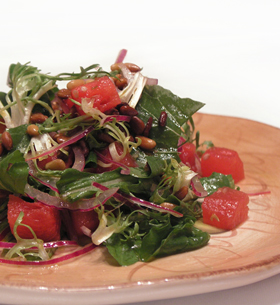 Watermelon and Red Onion Salad, Baby Arugula, Toasted Pine nuts, White Wine Vinaigrette